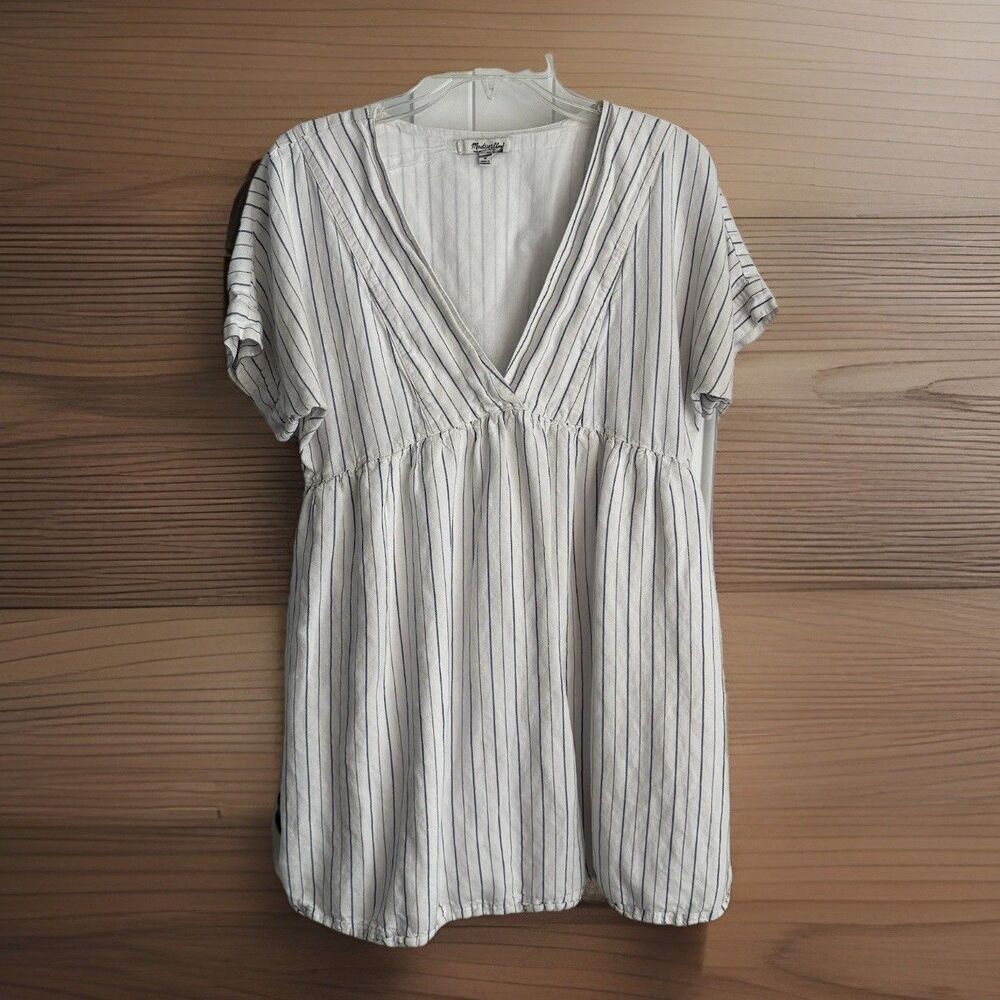 Madewell Linen-Blend V-Neck Dolman-Sleeve Mini Dress Striped Size M White Blue
